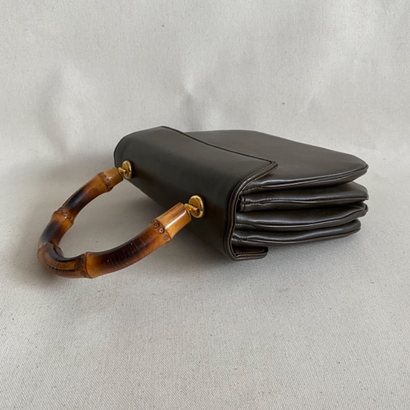 Vintage Meyers Purse Accordian Brown Bamboo Handle Tiki Mid Century Handbag - Picture 4 of 14